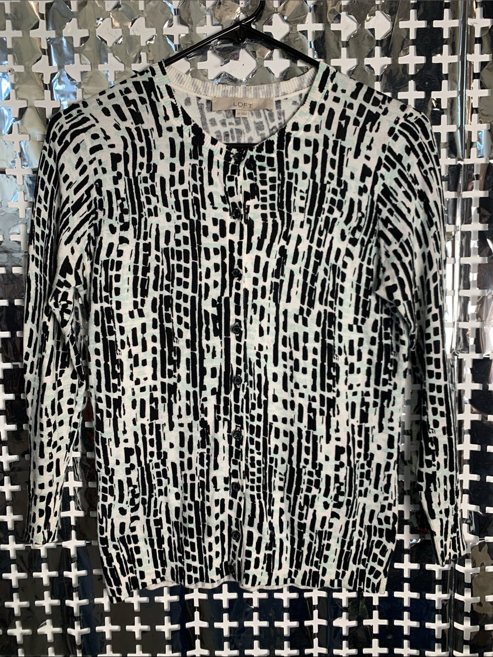 LOFT Black & White Abstract Grid Button-Front Cardigan